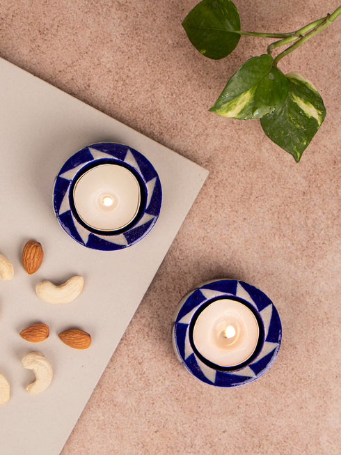 Blue Pottery T-Light Holder Set Of 2 Pcs.